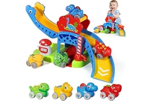 HAYXUN Baby Toys for 1 Year Old Boys & Girls Gift – Dino Slide Set with 4 Color & Number Push Cars – Dinosaur Toy for Toddlers, Montessori Learning Toys for 12-18 Months – 1st Birthday Gifts for Kids