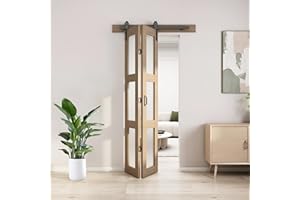 JUBEST Bifold Glass Barn Door, 30Inch Bi Fold Sliding Barn Door Kit with Hardware Include, 3-Panel Glass Barn Door Slab, Solid Wood Barn Door with MDF & Water-Proof PVC Surface, Brown