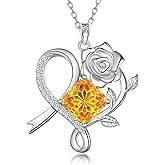 Aurora Tears Birthstone Love Heart Rose Pendant Necklace - 925 Sterling Silver Snowflake Cut Square Cubic Zirconia Ribbon Necklace Anniversary Birthday Jewelry Gift for Women Wife Mom Daughter