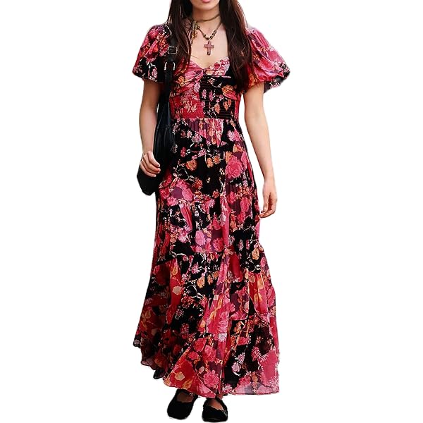 sundrenched floral print sweetheart neck short puff sleeve maxi dress FREE PEOPLE Floral SUNDRENCHED Short Sleeve Maxi Dress