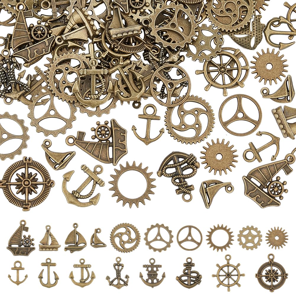 SUPERFINDINGS 108PCS 18 Style Antique Bronze Steampunk Gear Charm Alloy Pendants Nautical Theme Pendant Cabochon for Jewelry Making Home Decoration