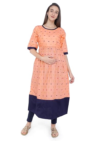 Women's Cotton A-Line Maternity Kurta/Easy Breast Feeding/Breastfeeding Kurti/Western Dress with Zippers for Nursing Pre and Post Pregnancy