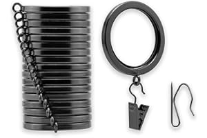 BlastHome Luxury Curtain Rings – Premium Metal with Quiet, Smooth Nylon Inserts – Pinhooks and Clips Included – 1 1/2" Inside Diameter – 18 Rings for Two Standard Curtains – Polished Black