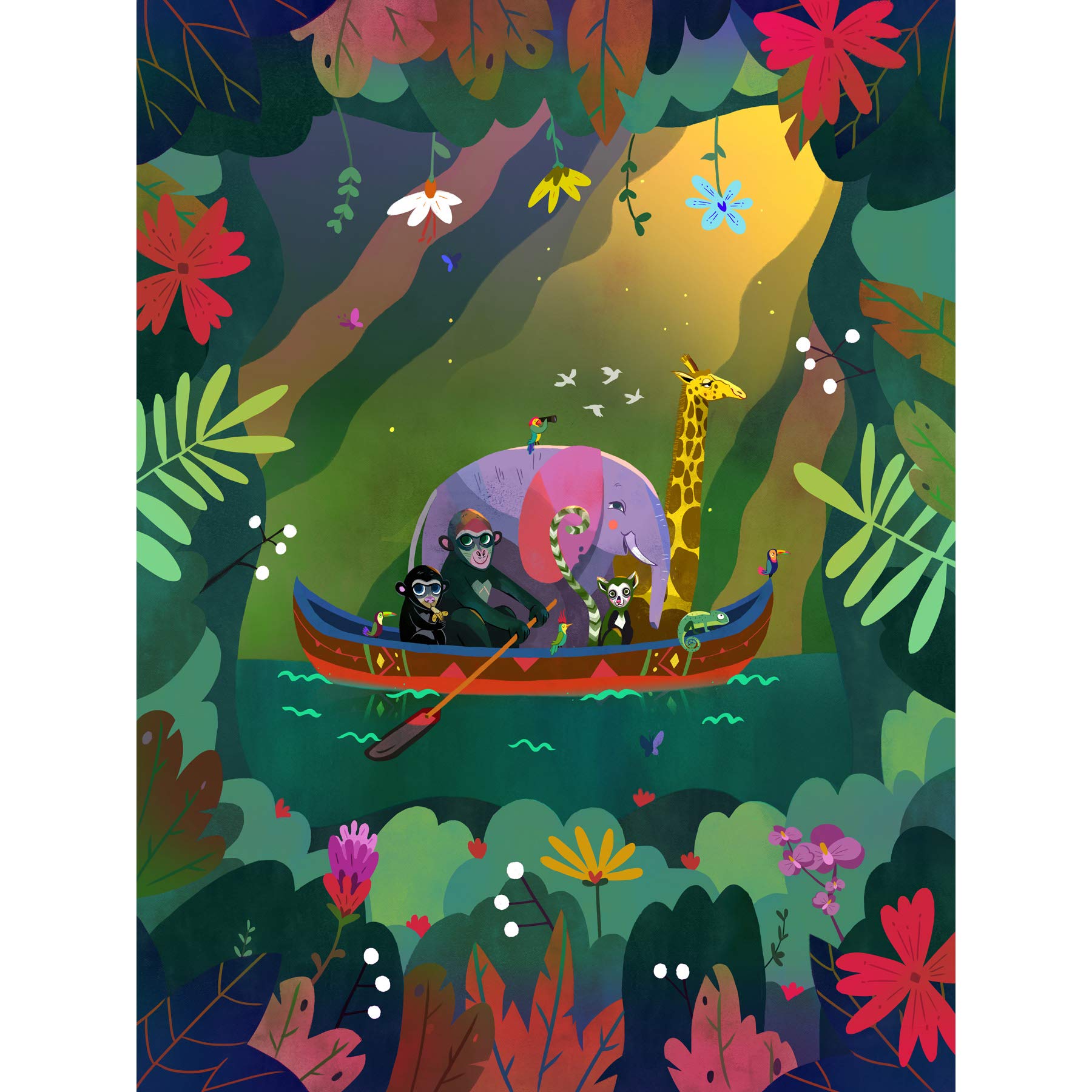 Wee Blue Coo Jungle Girls Canoe Animals Canvas Wall Art Print