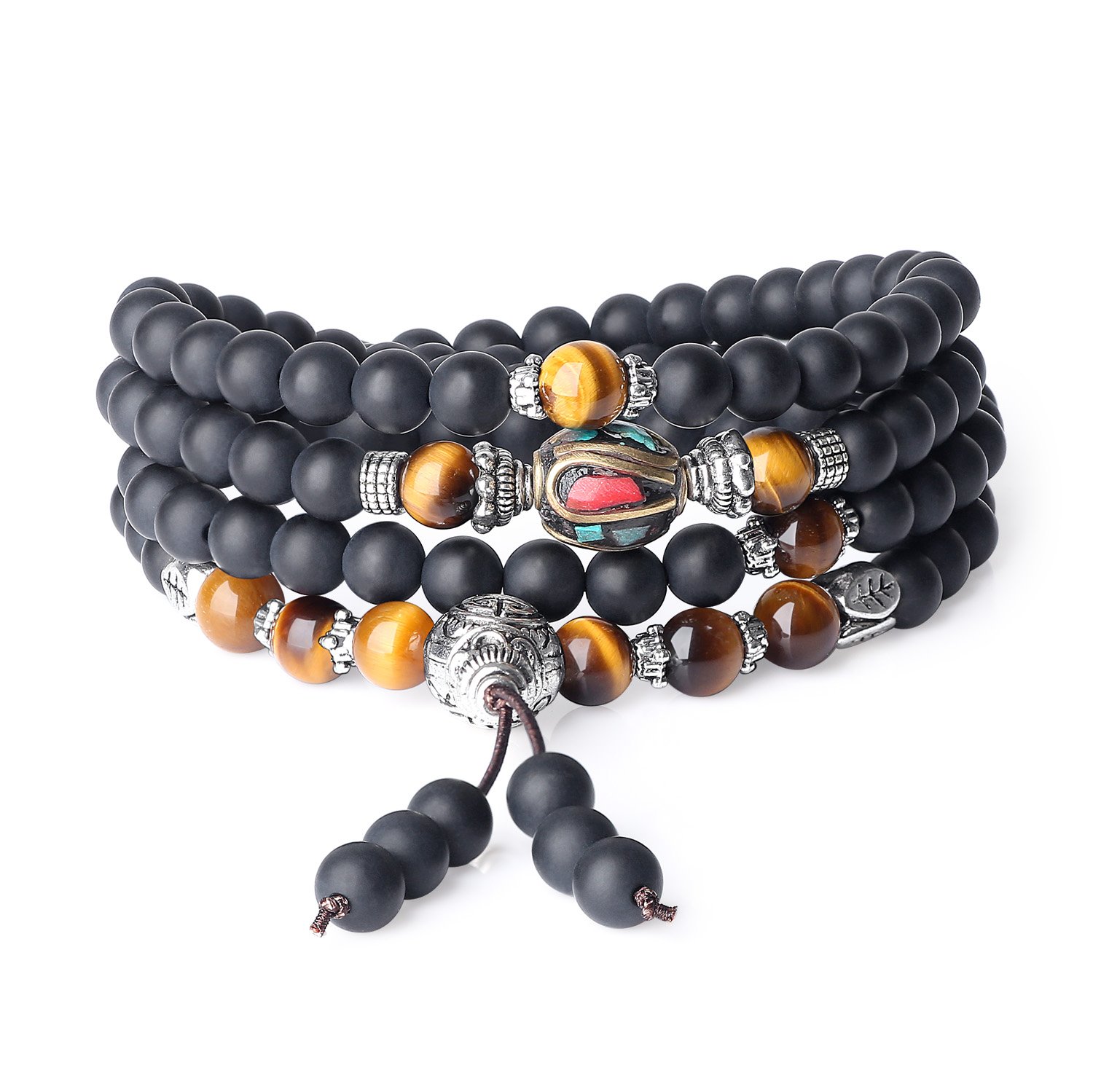 coai 108 Mala Beads Matte Onyx Brown Tiger Eye Wrap Stone Bracelet Necklace