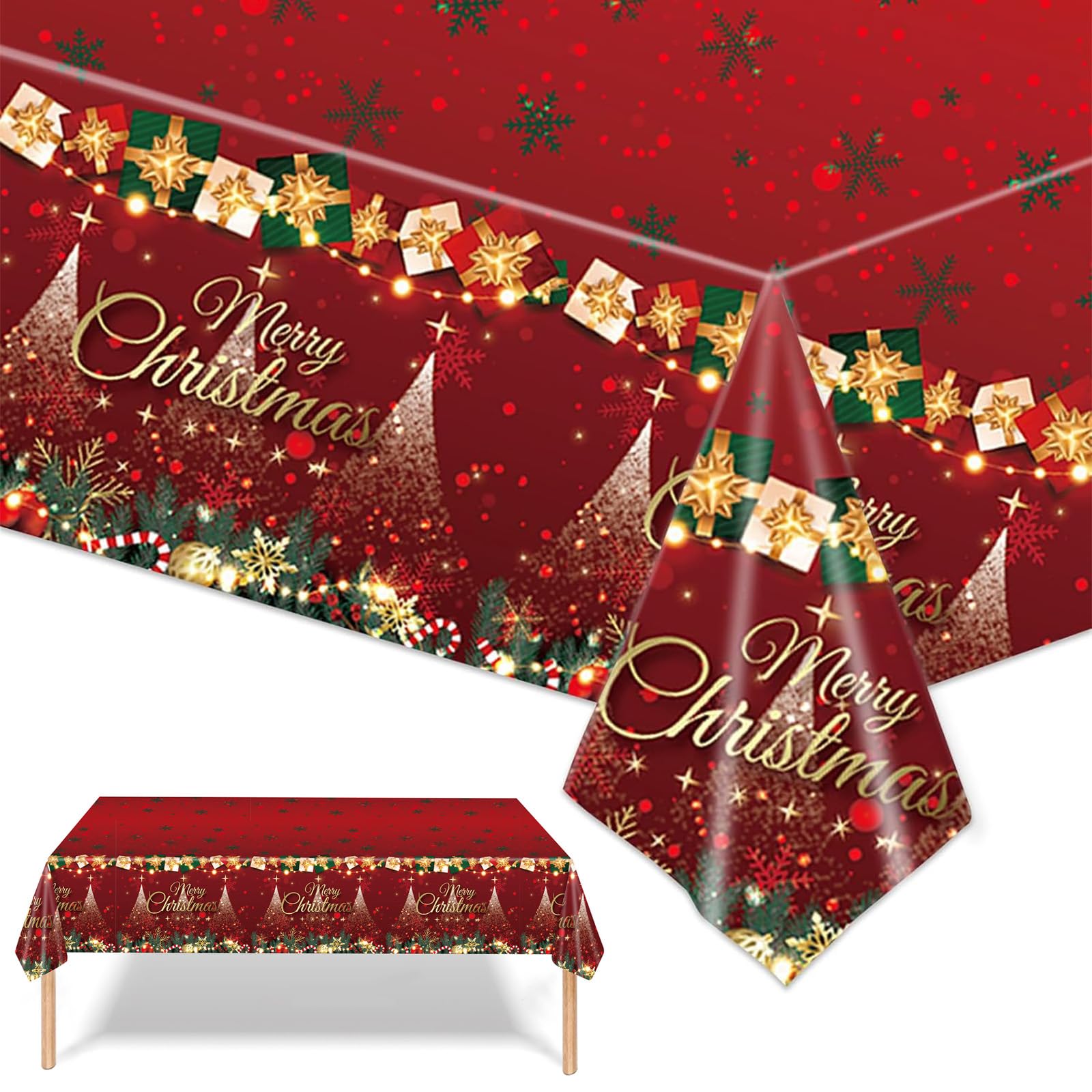 Mienocol 2PCS Shiny Red Xmas Table Cover, 137 * 274cm Large Rectangle Plastic Table Cloth for Christmas Party, Winter Holiday Decorations — image 1