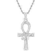 Cysnuc Eye of Horus Ankh Cross Pendant Necklace 18K White Gold Plated Iced Out CZ Bling Ancient Egyptian Religious Symbol Protection Chain Jewelry for Men Women Christmas Birthday Gift