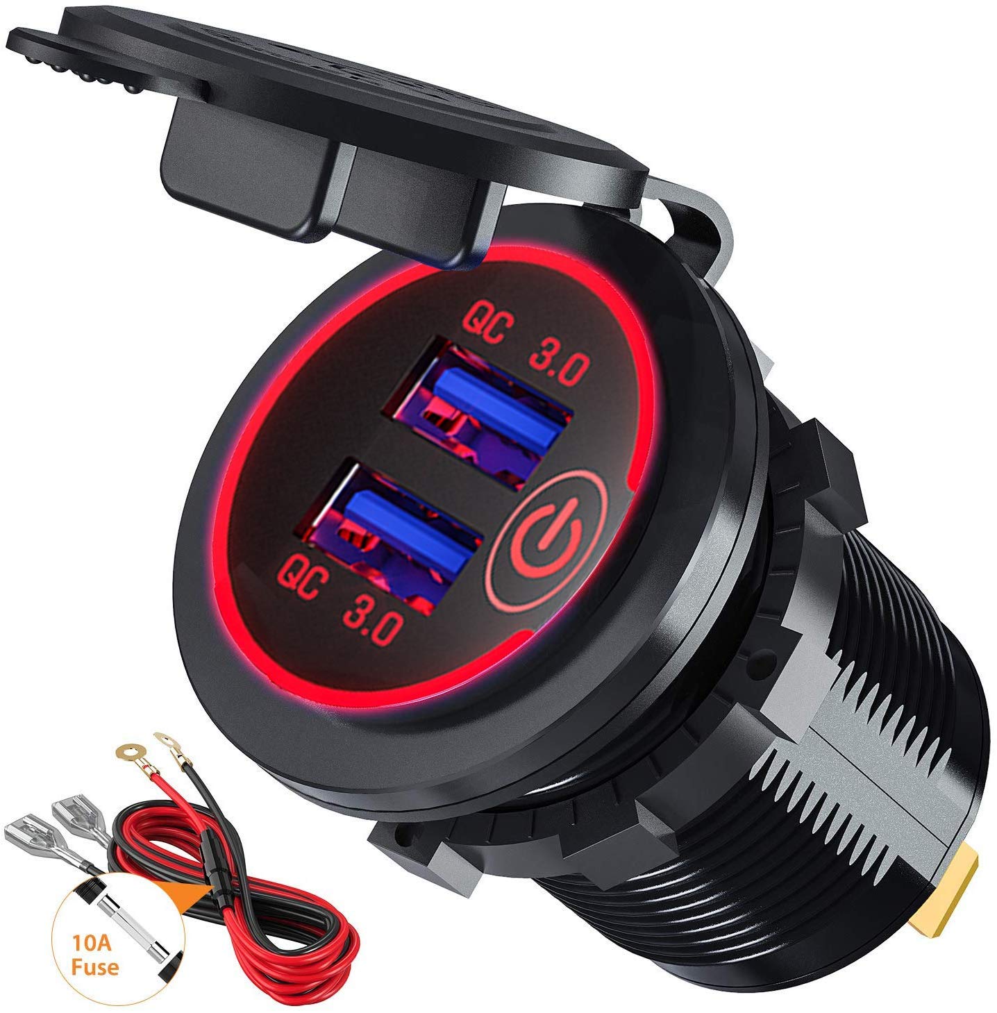 Car Charger Socket 36W Dual QC3.0 Port Car Phone Charger Power Outlet with Touch Switch for Marine, Boat, Motorcycle, Truck, Golf Cart (Red)