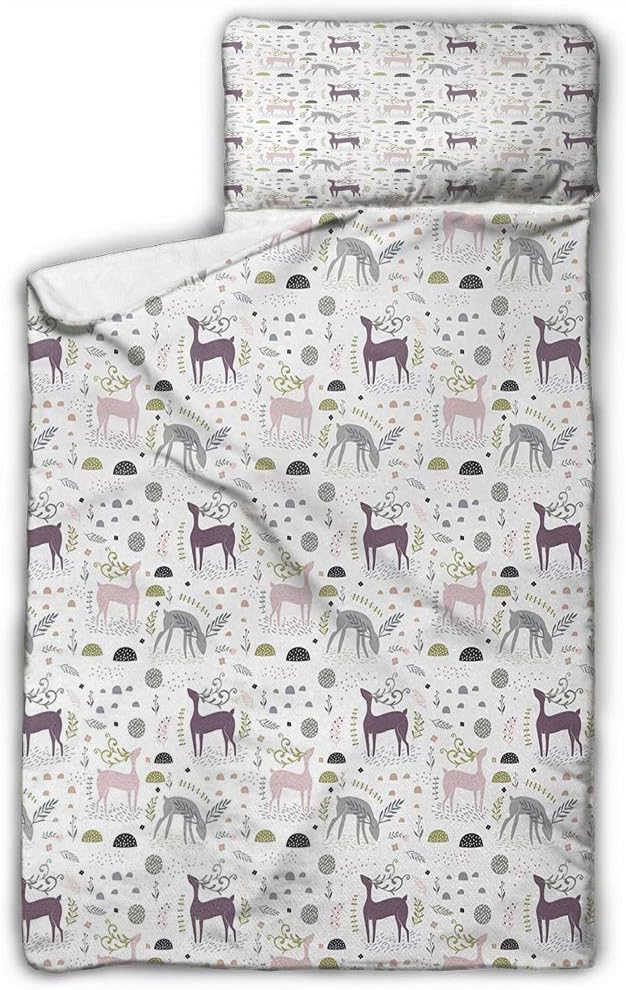 Forest Children’s Sleeping Bag Enchanted Woodland Creatures Deer with Curved Antlers Foliage Dotted Rocks Pattern Multicolor for Preschool, Daycare, Kindergarten 50X20 INCH