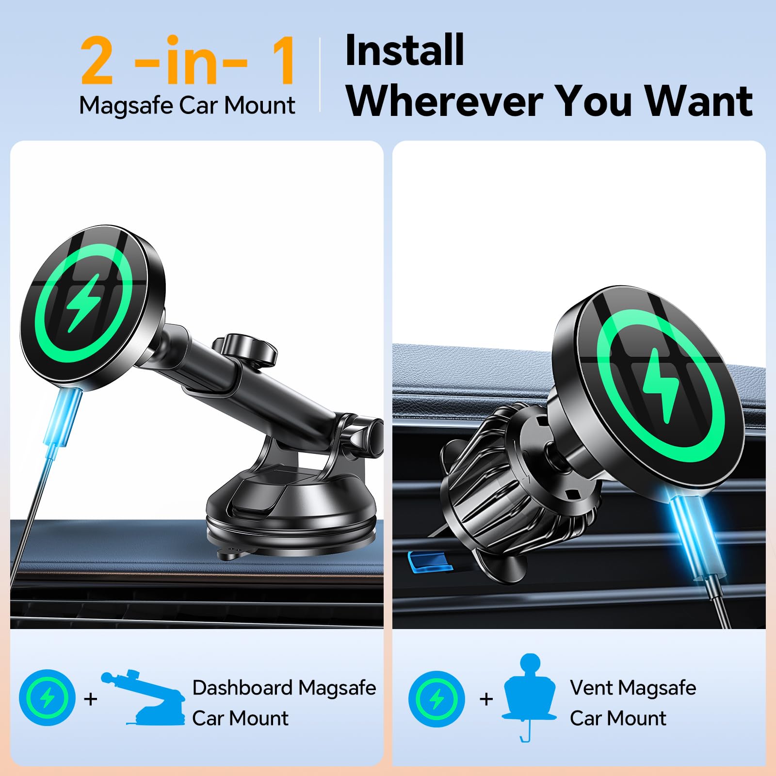 Coolpow for MagSafe Car Mount Charger【Ultra Magnet】Magnetic Phone Holders for Your Car Charger【Windshield+Vent+Dash】Magnetic Wireless Car Phone Holder Charger Car Mount for iPhone 17 Pro Max 16 15 14