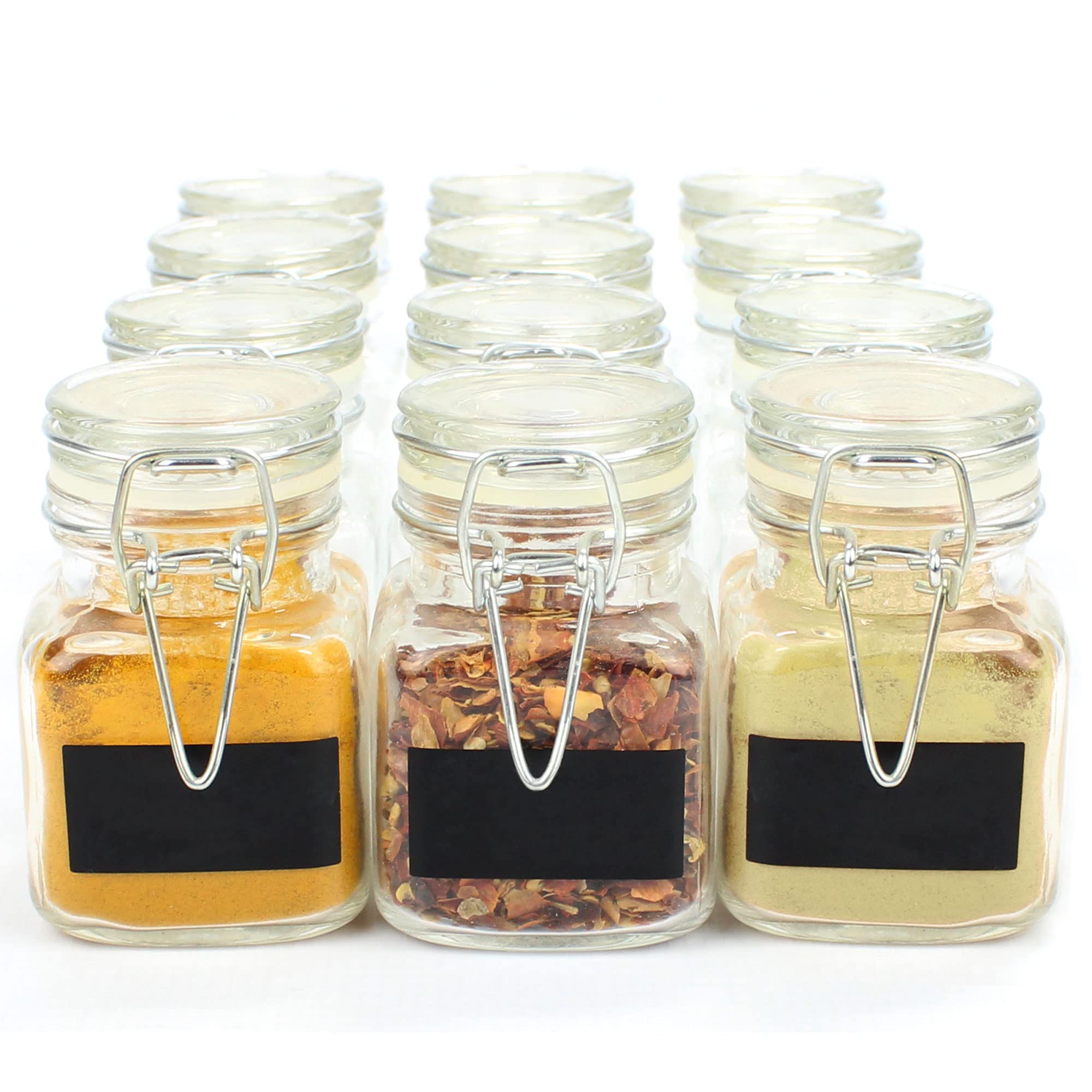 12 Mini Clip Top Glass Spice Storage Jars - 32 ml Glass Canister Containers with Lids, Labels and Chalk Pen | Perfect for Spice Storage, Jam, Honey, Gifting | Dishwasher & Microwave-safe | M&W