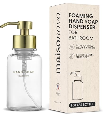 Foaming Soap Dispenser Set – 12 Oz Glass Bottle With 304 Stainless Steel Pump, Rust-Proof, Waterproof Labels – Brown/Black Pump – For Bathroom, Kitchen, Dorm