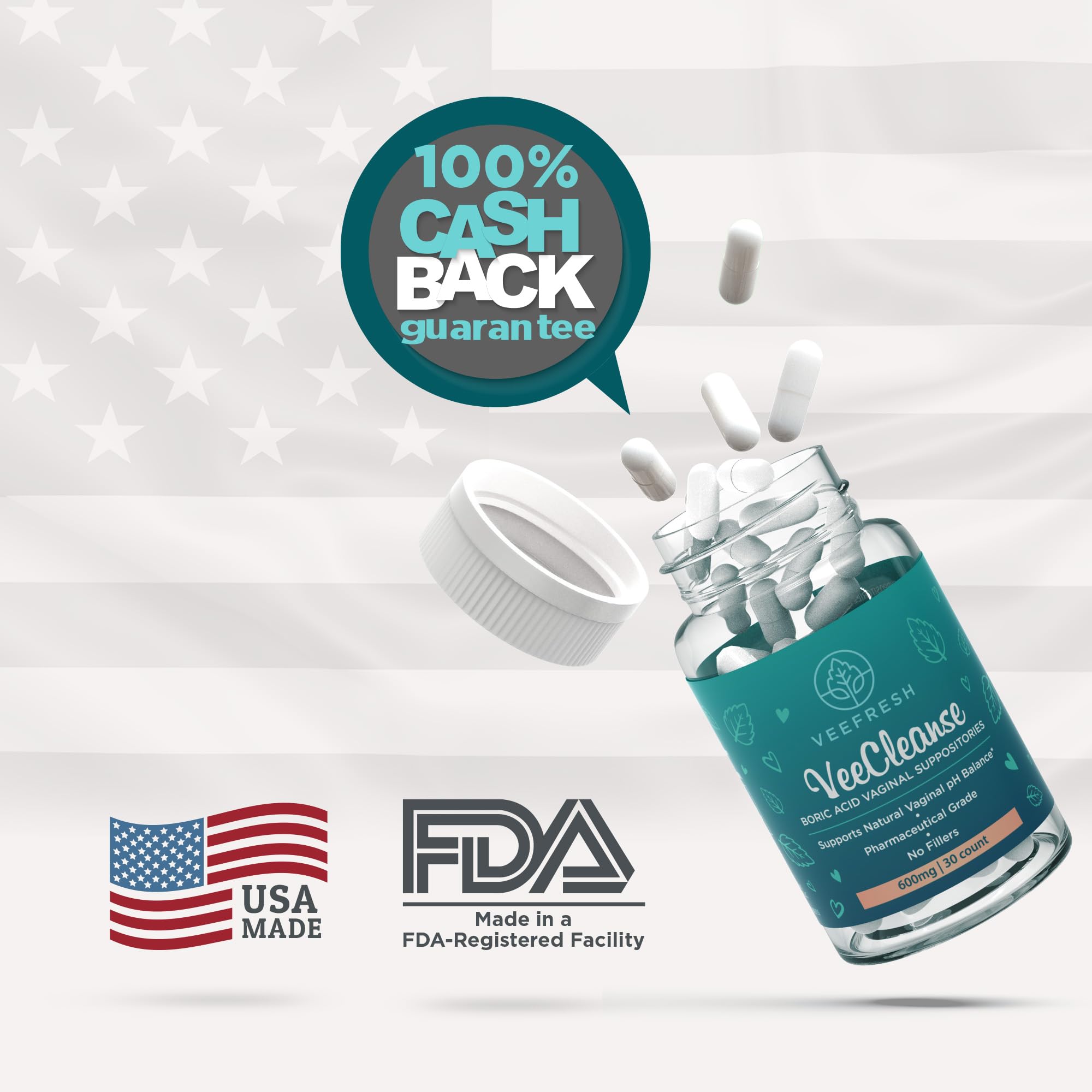 VeeFresh - VeeCleanse Boric Acid Vaginal Suppositories - Vaginal pH Balance Suppositories - Vaginal Odor Control - Feel Fresh, Feminine and Confident