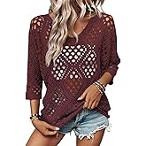 SHEWIN Womens Summer Tops Hollow Out Beach Crochet Cover Ups V Neck 3/4 Sleeve Pullover Sweater Shirts