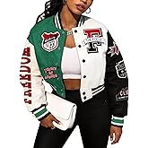 Flygo Women's Cropped Varsity Jacket Baseball Jacket Colorblock Letter Print Y2k Button Down Bomber Uniform
