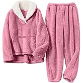 Rousytn Women's Fluffy Fuzzy Pajamas Set Winter Warm Loose Plush Fleece PJS Lounge Pullover Pants Sets Cozy Sleepwear