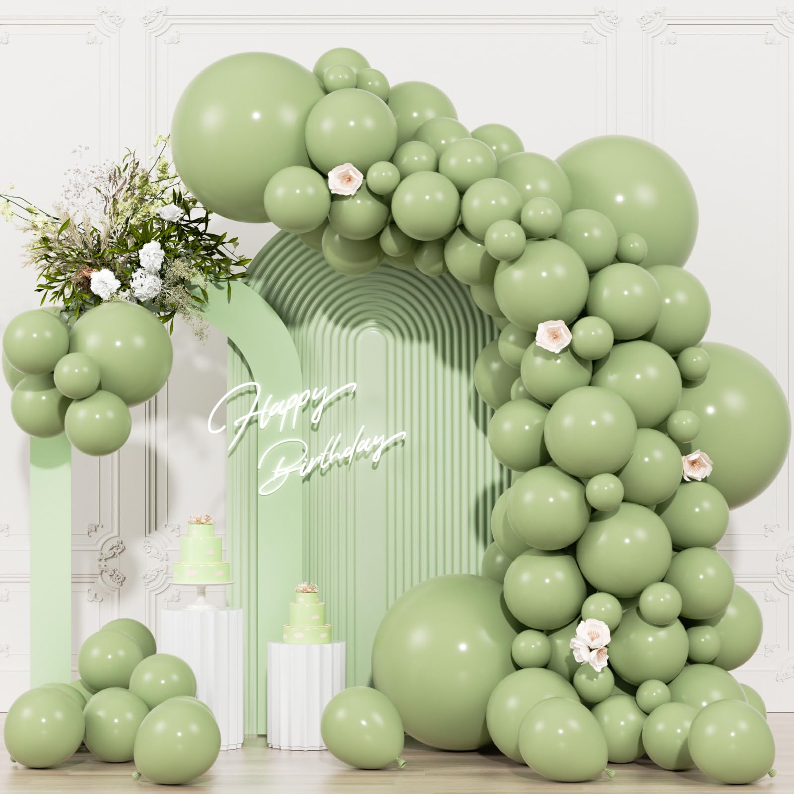 Photo 1 of 104pcs Sage Green Balloons - 18/12/10/5 Inch Neutral Green Latex Balloons Garland Arch Different Sizes Pack for Boho Wedding, Baby Showers,Bridal Shower, Birthday Party Decor