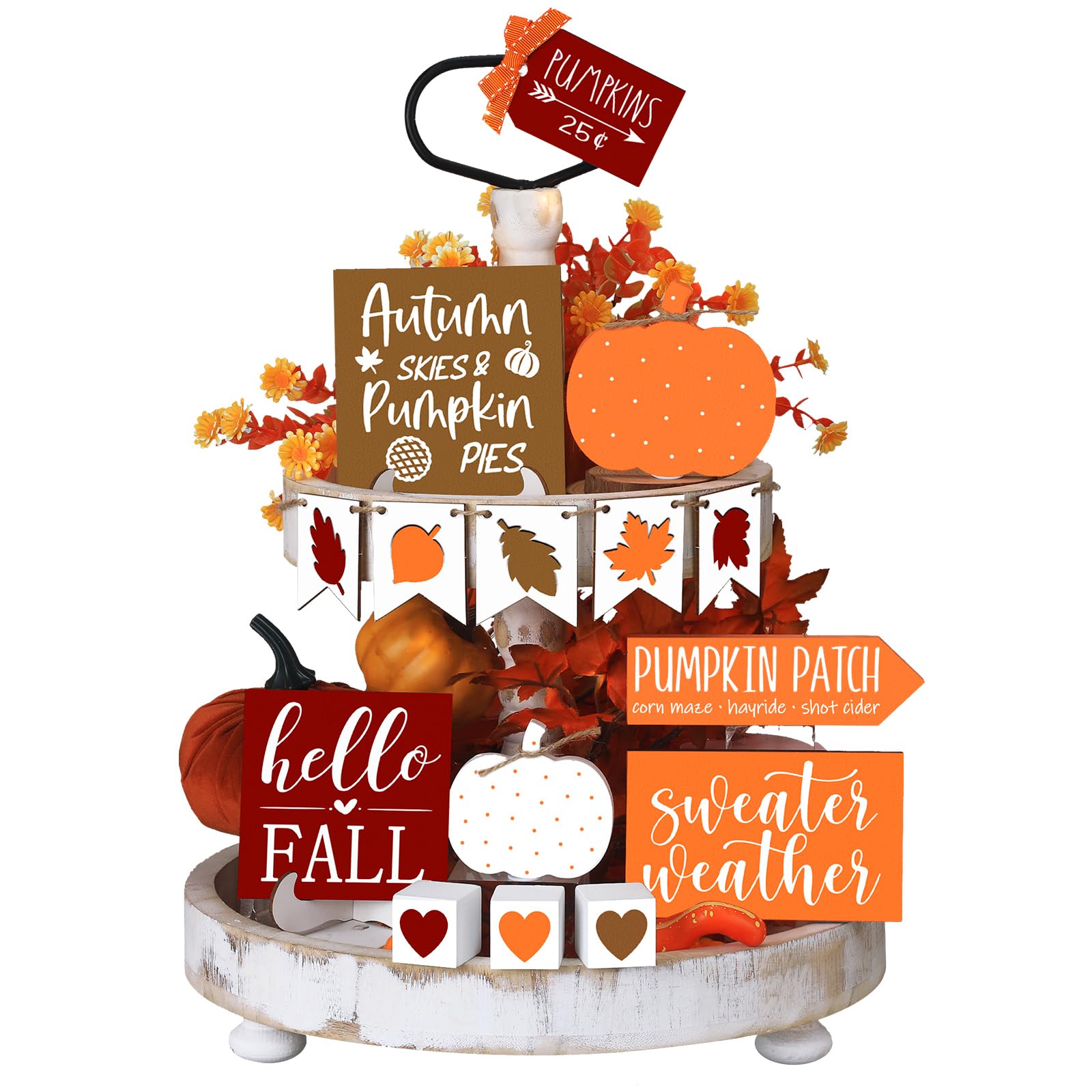 Photo 1 of Sumind 15 Pcs Fall Tiered Tray Decor Set Fall Decorations for Home Autumn Wood Signs Thanksgiving Orange Brown Table Signs Farmhouse Wooden Maple Pumpkin Gnomes Tabletop for Festival(Autumn)