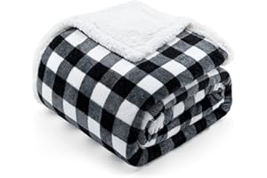 BEAUTEX Sherpa Fleece Flannel Throw Blanket, Super Soft Warm Buffalo Plaid Plush Blankets and Throws, Lightweight Cozy Fuzzy Blanket for Couch Sofa Bed (Black, Throw 50" x 60")