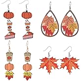 QLUYCKW Fall Thanksgiving Earrings Set for Women Cute Unique Colorful Handmade Wooden Pumpkin Turkey Lightweight Dangle Earrings Autumn Jewelry