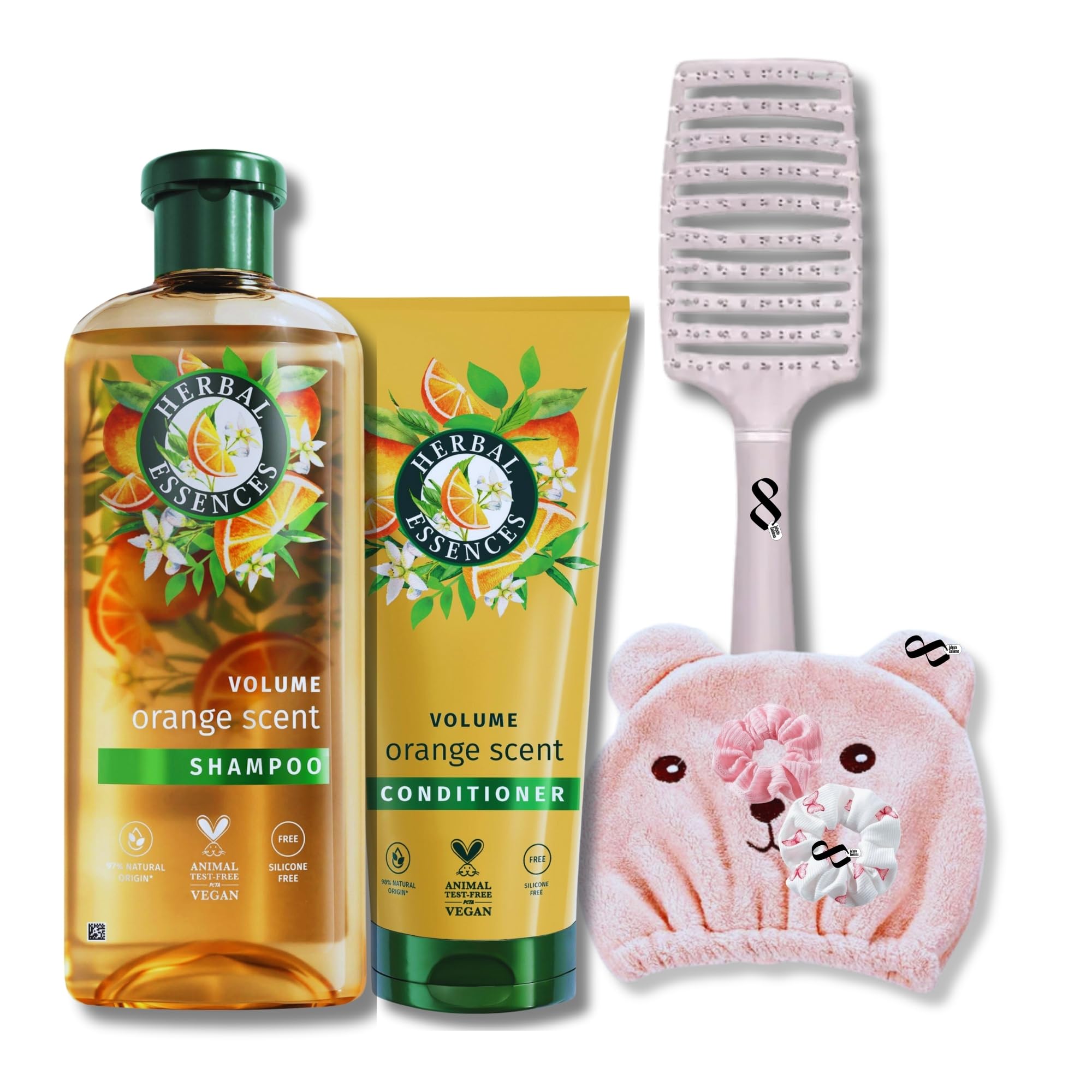 Vegan Volume Hair Care Shampoo and Conditioner Set Bundle With Herbal Essences 350ml Shampoo,250ml Conditioner Orange Scent and Infinite Emblems Hair Care Set.