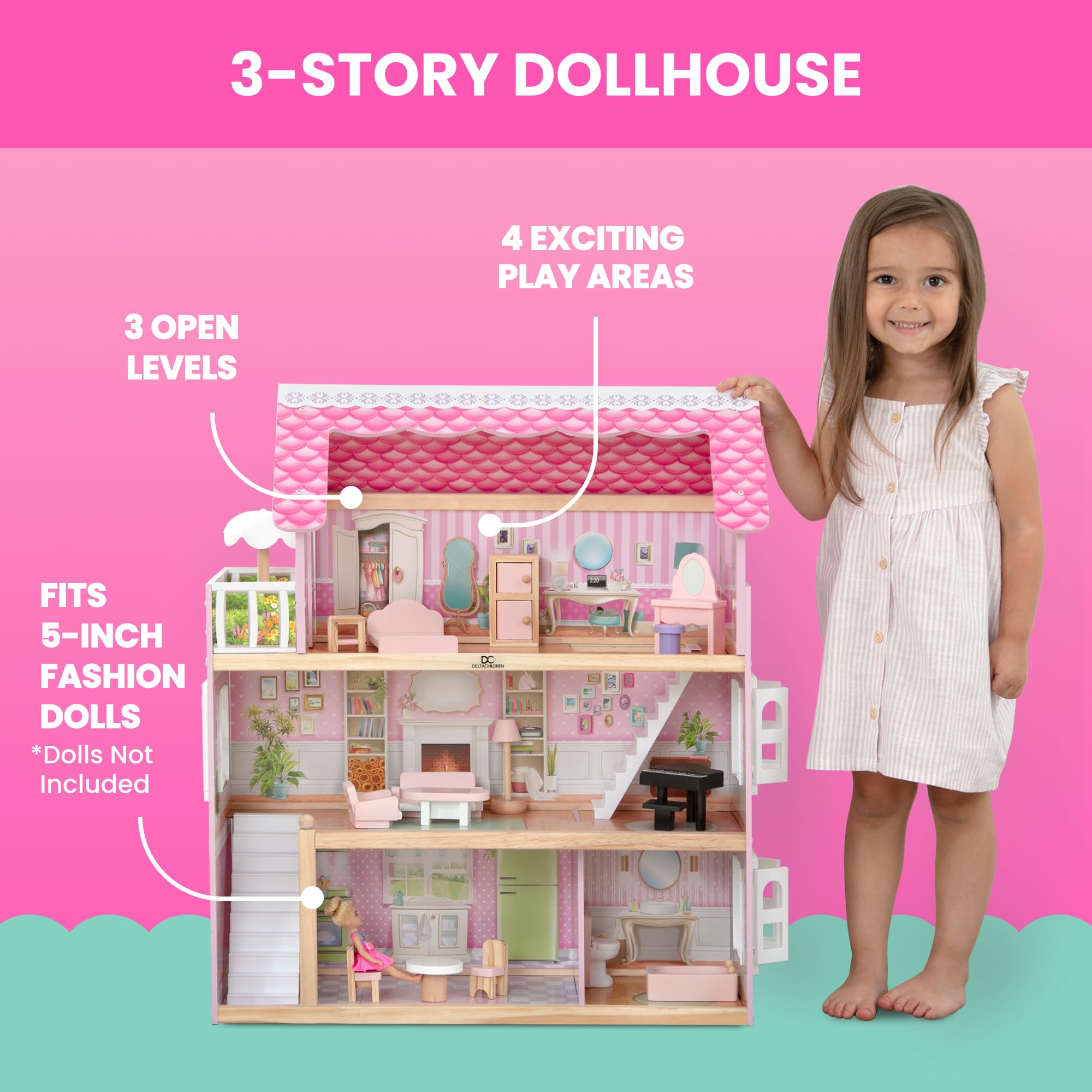 Delta Children Little Gem Dollhouse - 3-Story Dollhouse with 4 Rooms - Includes 16 Accessories - Fits 5-inch Dolls - Pretend Play Dream Gift for Ages 3+