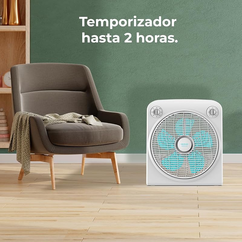Ventilador de chão branco EnergySilence 6000 Power Box Cool. Motor de cobre, 50W, 12" de diâmetro com 5 pás, grelha rotativa, 3 velocidades, temporizador de 2 horas, uso simples e seguro