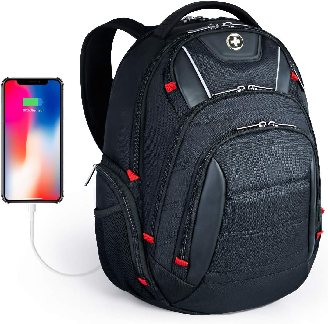 Swissdigital 35L Laptop Backpack, Business Travel Bag Water Resistant College School Computer Rucksack TSA Friendly with USB Charging Port/RFID Protection Fits 15.6 in Laptops, Black