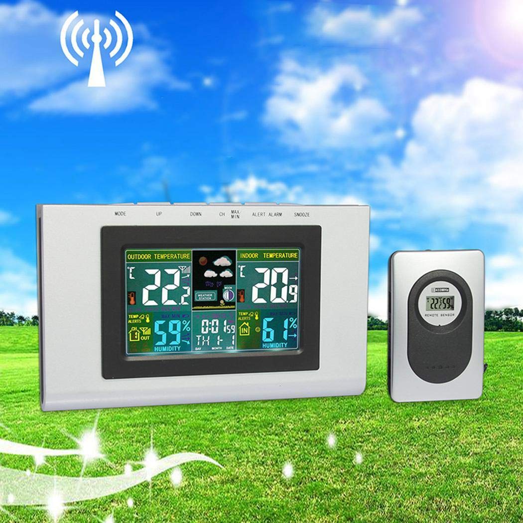 GuGio Wireless Weather Forecast Station, Digital Indoor Outdoor Thermometer,Color Display,Humidity Monitor,Alarm Clock