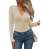 CiCiBird Women’s Sexy Lace V Neck Long Sleeve Top Slim Fit Going Out Shirt 2025 Spring Fall Fashion Tee