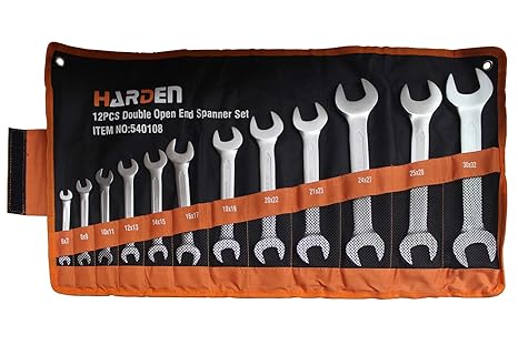 Harden Professional Double Open End Spanners Set - Sizes Included: 6x7, 8x9, 10x11, 12x13, 14x15, 16x17, 18x19, 20x22, 21x23, 24x27, 25x28, 30x32-CRV Steel, Anti-Rust, High Thickness Anti Skid-540108