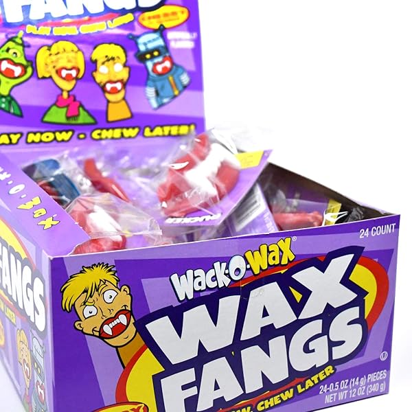 WACK-O-WAX FANGS – FUN CANDY HALLOWEEN TOY – INDIVIDUALLY WRAPPED PEANUT AND GLUTEN FREE CANDY – CHERRY, 24 COUNT BOX
