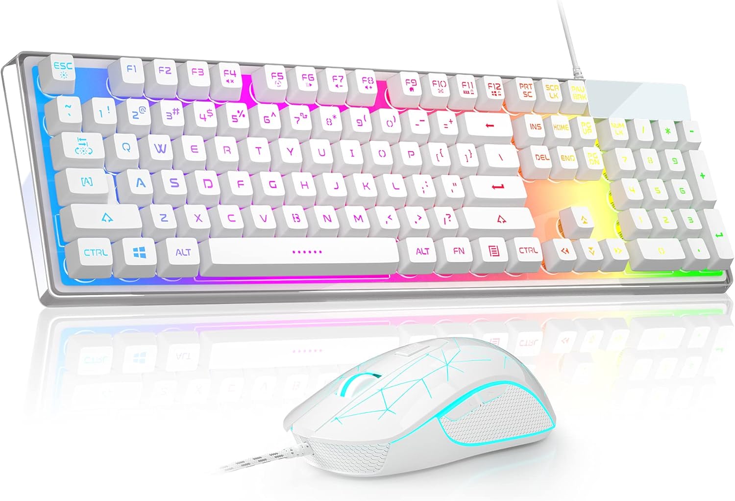 White Wired Gaming Keyboard and Mouse Combo, Rainbow Backlit Gaming Keyboard with Crystal Cover, LED Backlit Gaming Mouse 3200 DPI for PC Gamer Computer Desktop (White)