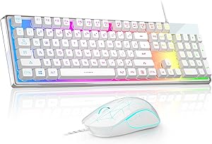 White Wired Gaming Keyboard and Mouse Combo, Rainbow Backlit Gaming Keyboard with Crystal Cover, LED Backlit Gaming Mouse 3200 DPI for PC Gamer Computer Desktop (White)