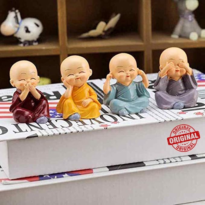 TIED RIBBONS Set of 4 Buddha Monks Statues Figurines Showpiece for Wall Shelf Table Desktop Living Room Decoration Home Office Decor (Multicolor)