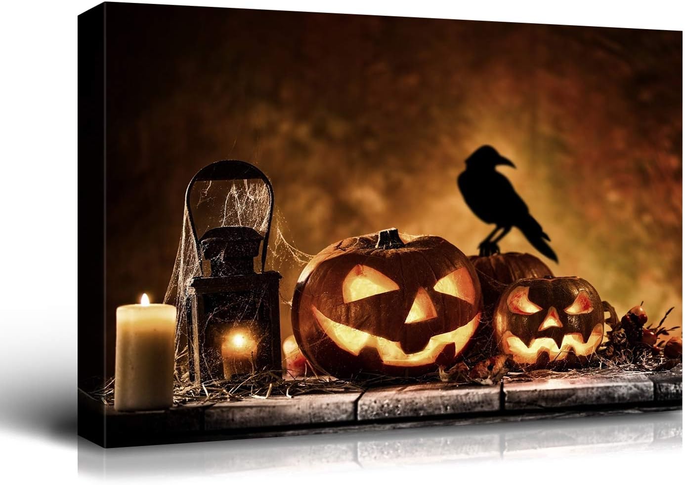 Paintings - Denozer - Canvas Wall Art Halloween Pumpkin Lantern Painting Artwork for Home Wall Decor,Stretched and Framed Ready to Hang - 24x18 inches