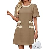 Wenrine Womens Summer Mini Dress Casual Tweed Short Sleeve Bow Work Business Dresses with Pockets
