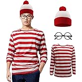 Focupaja Adult Red and White Striped Shirt Suits Halloween Costumes Party Cosplay Sweatshirt Long Sleeve Shirt Hat Glasses