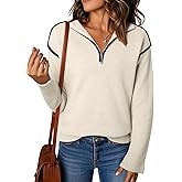 EVALESS Womens Sweaters V Neck Long Sleeve Quarter Zip Collared Ribbed Knit Dressy Casual Pullover Sweaters Outfits