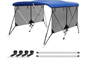 Leader Accessories 3 Bow 4 Bow Bimini Top Cover for Boat with Mesh Sidewalls Includes 4 Straps 2 Rear Support Poles Storage Boot 1" Aluminum Frame (Blue, 3 Bow 67"-72" W)