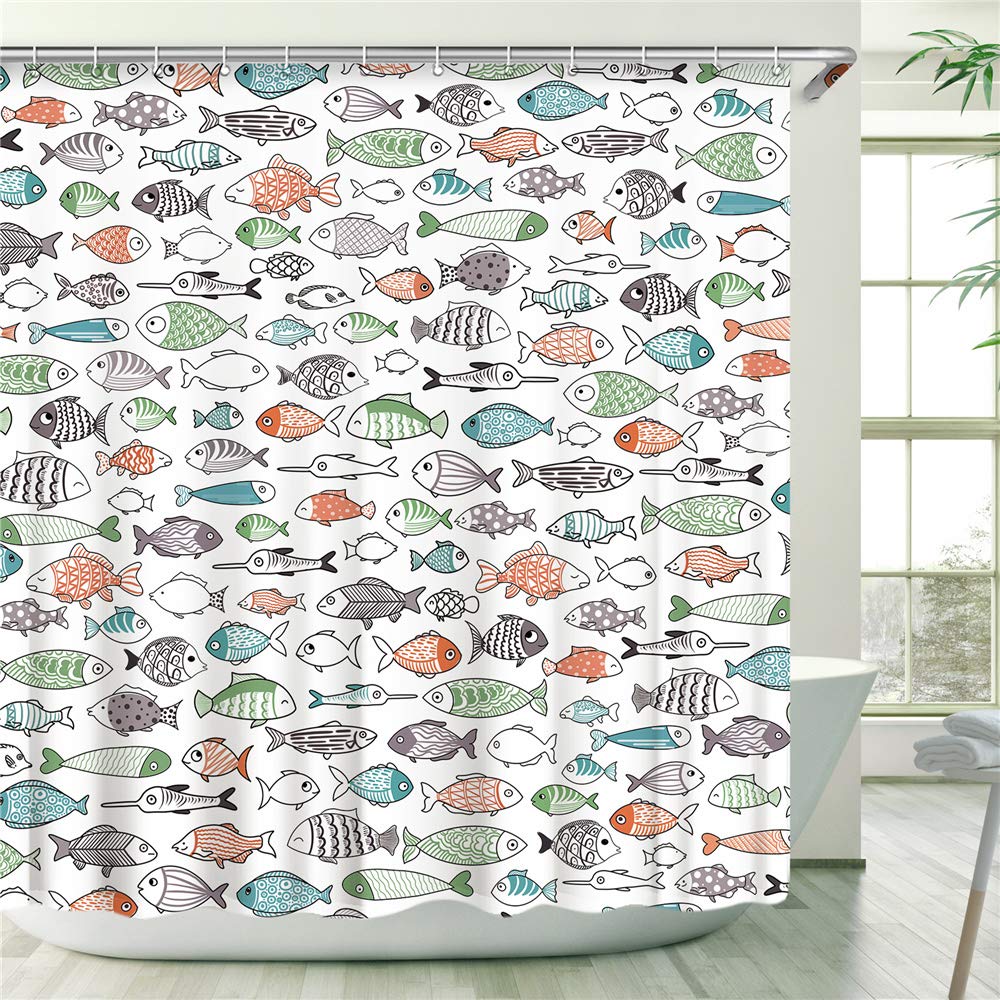 RosieLily Colorful Fishes Shower Curtain, Kids Shower Curtains Set with 12 Hooks, Waterproof Shower Curtain for Bathroom, 72 x 72 Inch, Cartoon Fun Fishes Ocean Animals Bath Curtains
