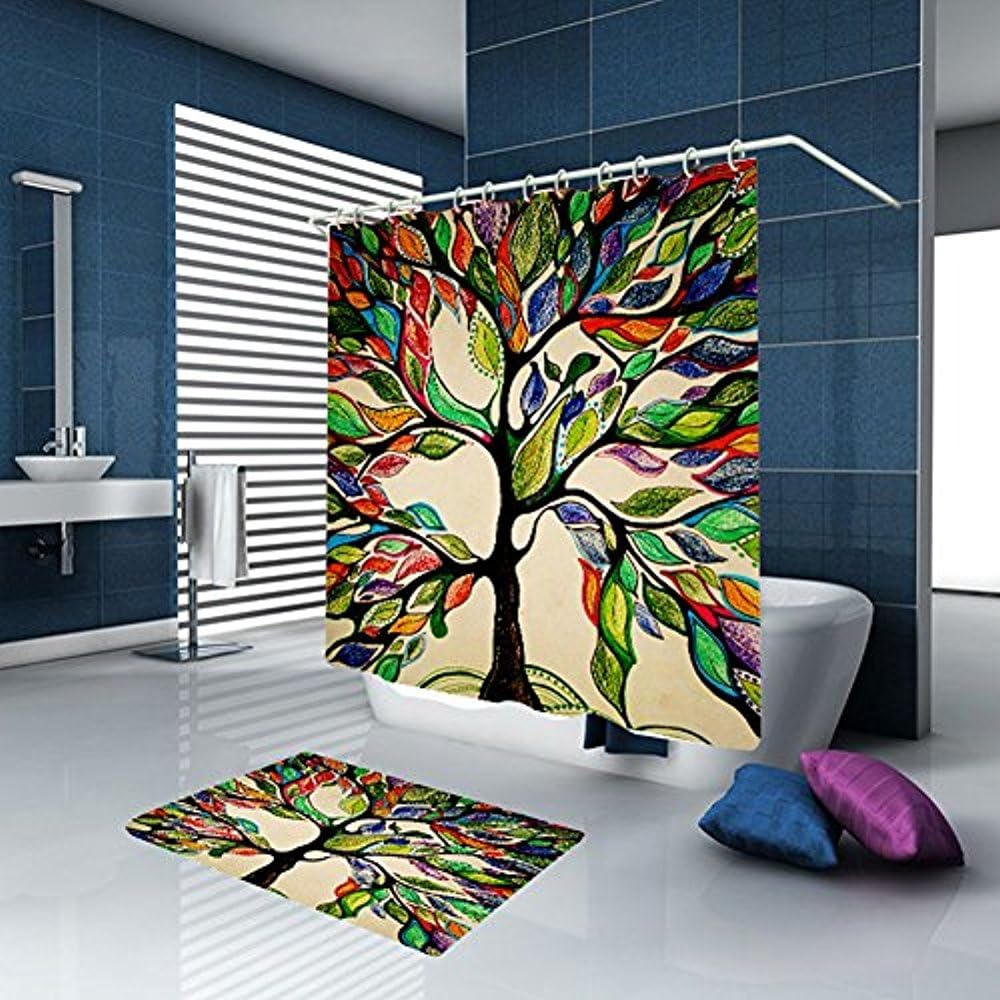Vandarllin Colorful Tree Shower Curtain Tree of Life Polyester Fabric Bathroom Curtain Set with Mats Rugs-12 Hooks