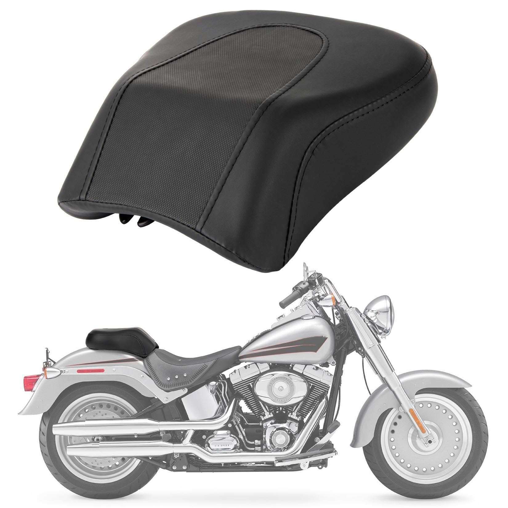 Photo 1 of Rear Passenger Pillion Seat, PSLER Motorcycle Black Leather Seat Pillion Cushions Pad Fit for FLSTF 2005 2006 2007 2008 2009 2010 2011 2012
