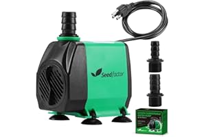 Seedfactor 800GPH Aquarium Pump (3000L/H, 24W), Ultra Quiet Water Pump with 10ft. High Lift, Fountain Pump with 6.5ft. Power Cord, 3 Nozzles for Fish Tank, Pond, Aquarium, Statuary, Hydroponics