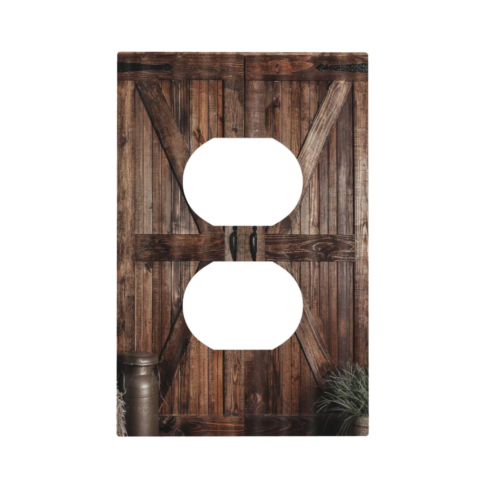 Photo 1 of Sghxwp Rustic Vintage Brown Wooden Board Barn Door 1 Gang Duplex Outlet Covers Decorative Wall Plate Country Farmhouse Wood Garage Gate Single Light Switch Cover Electrical Switchplate for Bathroom
