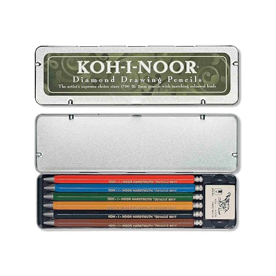 KOH-I-NOOR 5217 - Druckbleistifte inkl. 1 x Radiergummi im Metalletui, unterschiedliche Farben - 6 Stück