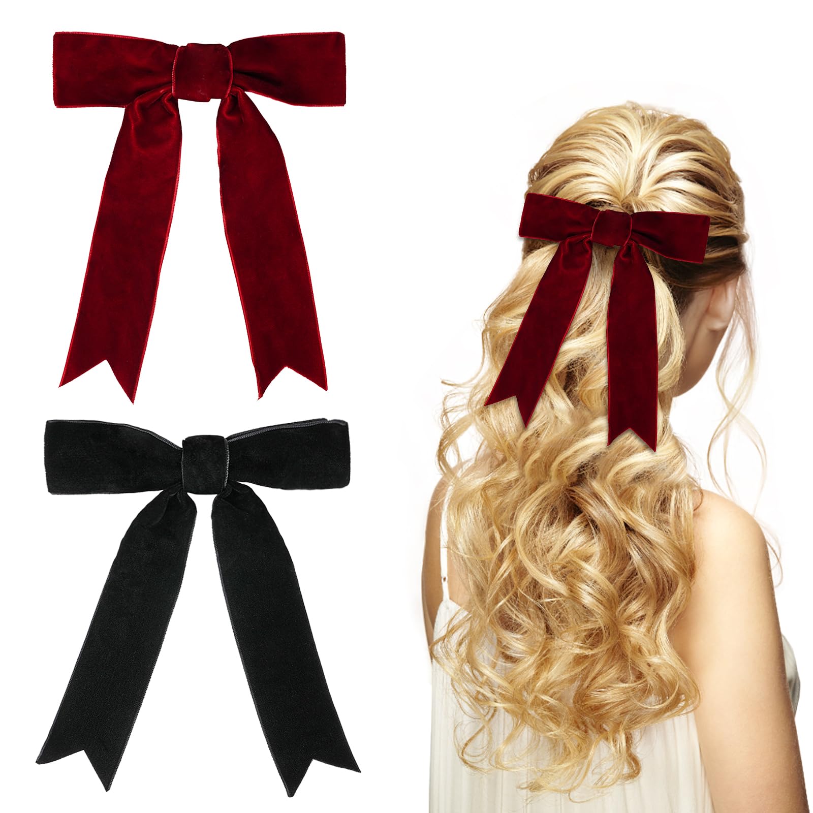 ACWOO Bow Hair Clips, 2 Pack Hair Bows for Women Girls, Big Bowknot Hairpin Solid Color Bow Hair Clips Velvet French Barrette with Long Ribbon, Hair Barrettes Accessories for Party Gifts Girls Ladies