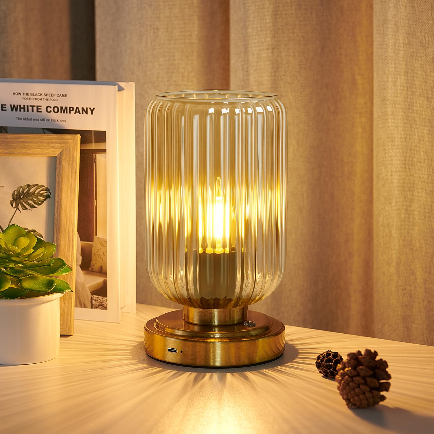 Photo 1 of LightRound Table Lamp for Bedroom, Cordless Small Bedside Lamp, Touch Dimmable Rechargeable Lamp Battery Operated with Amber Glass Shades for Night Stands, Living Room, Desk, Bulb Included