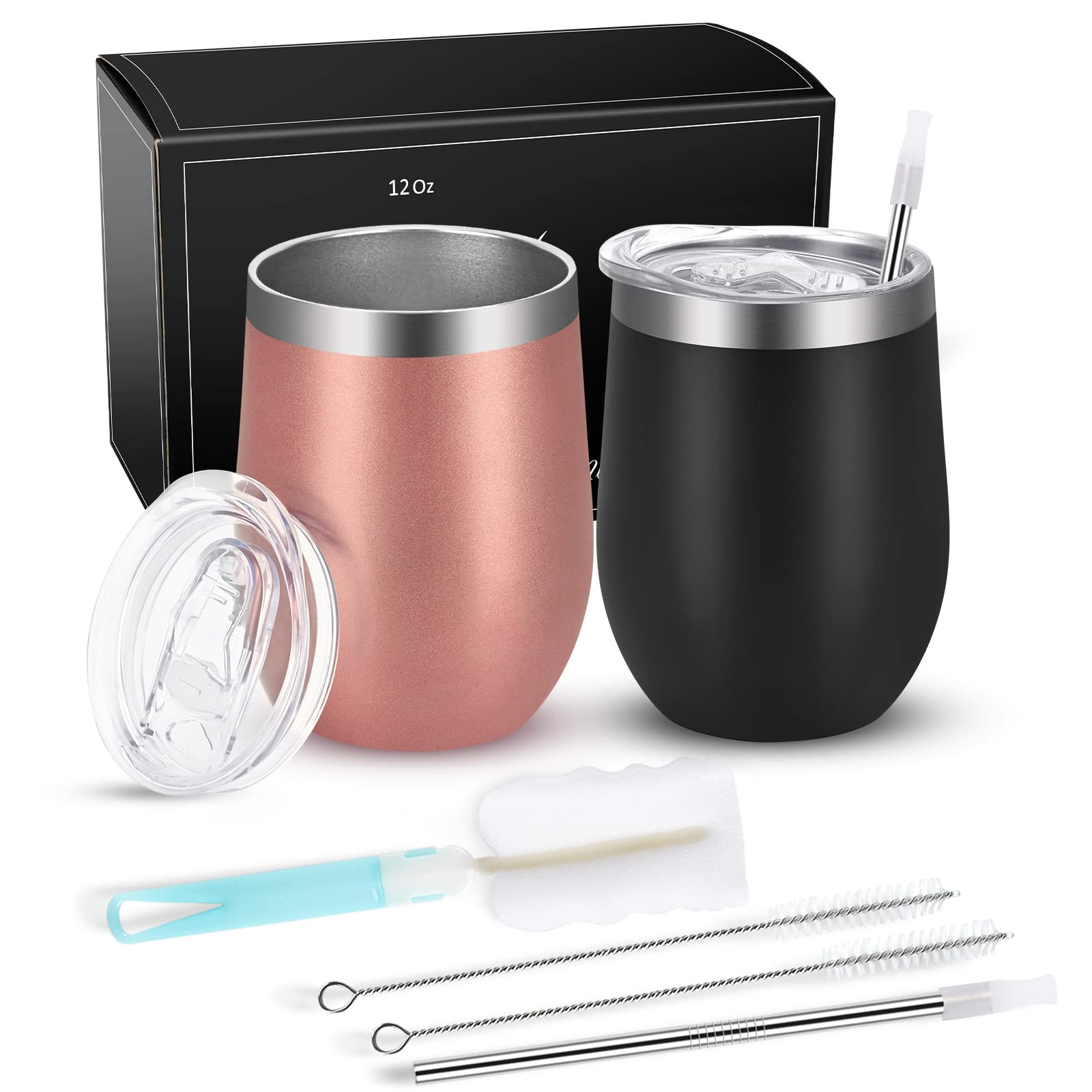 Joymaking 12oz Reusable Coffee Cup, 2 Pack Double Walled -Insulated Travel Mug Vacuum Stainless Steel Wine Tumbler with Spill Proof Lid, Great for Coffee, Tea, Milk and Wine, Black Rose Gold