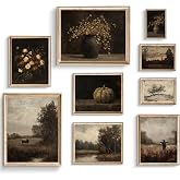 ZBJLLK Set of 9 Moody Vintage Farmhouse Canvas Wall Art, Dark Still Life & Autumn Landscape Oil Painting Prints, Rustic Fall Gallery Wall Set, Country Decor for Living Room Kitchen, Unframed